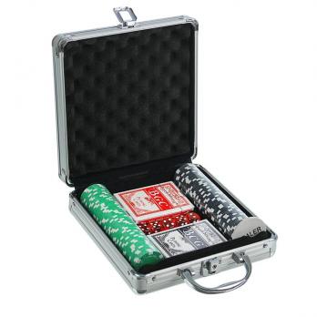 Покер в металлическом кейсе (карты 2 колоды, фишки 100 шт, 5 кубиков), 20х20 см 278721