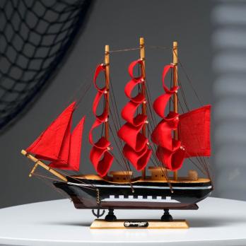 Корабль сувенирный средний «Флора», борта чёрные с белой полосой, паруса алые, 32х6,5х31 см 452035