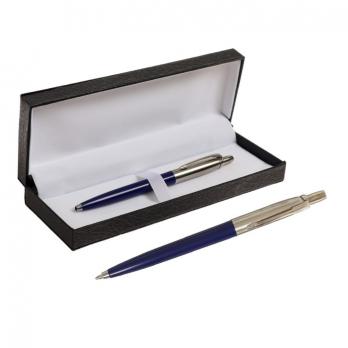Ручка подарочная шариковая в кожзам футляре автоматическая ПБ J, корпус синий/серебро 9129060